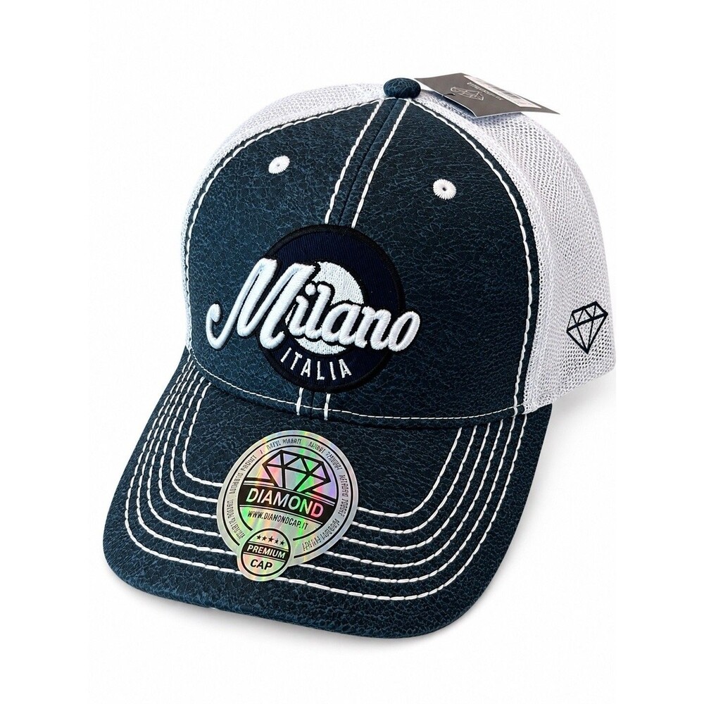 Diamond Milano Italia Trucker Hat Navy Blue White Mesh Distressed Adjustable NEW